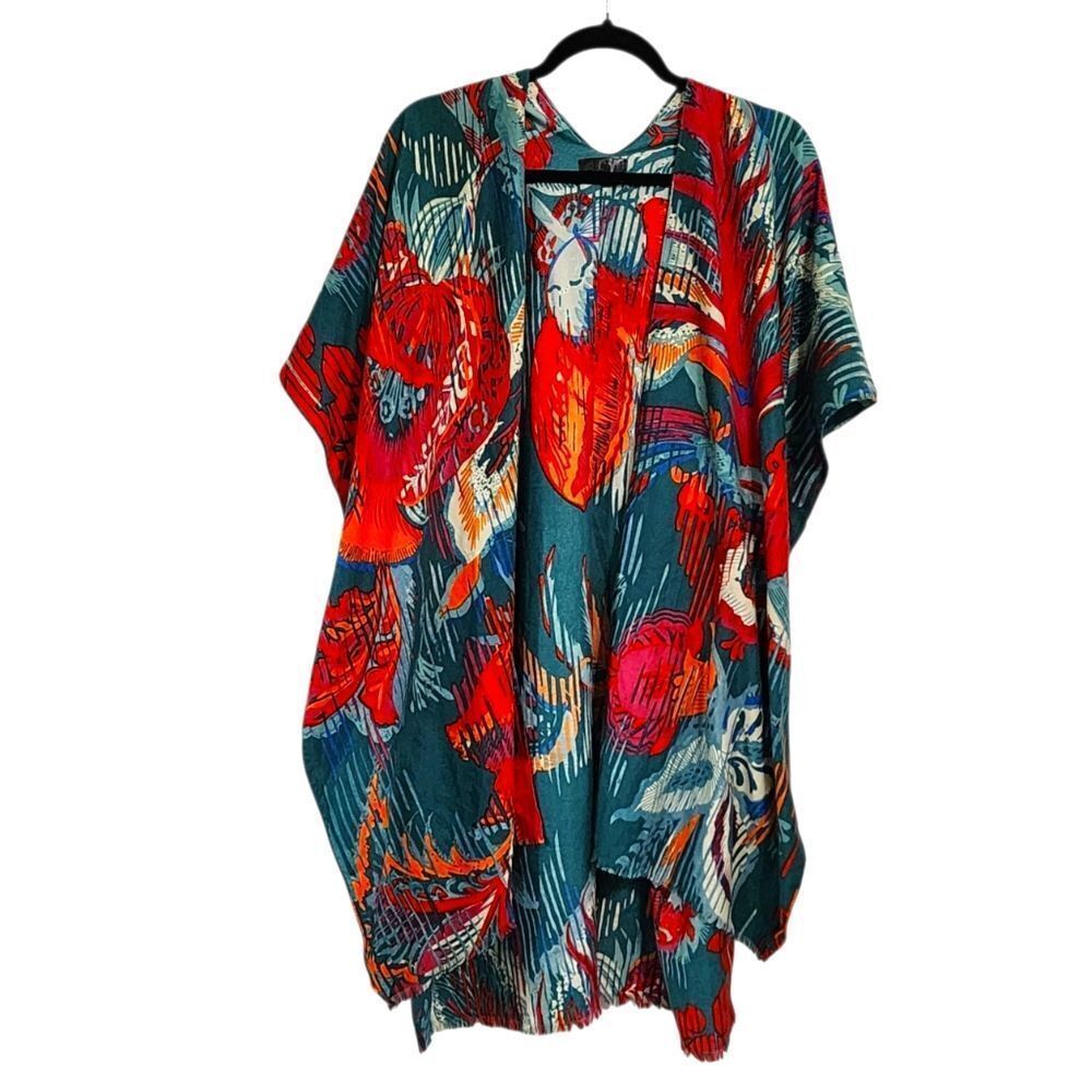 Janice Kimono S/M Green Floral Open Front Resort Beachy